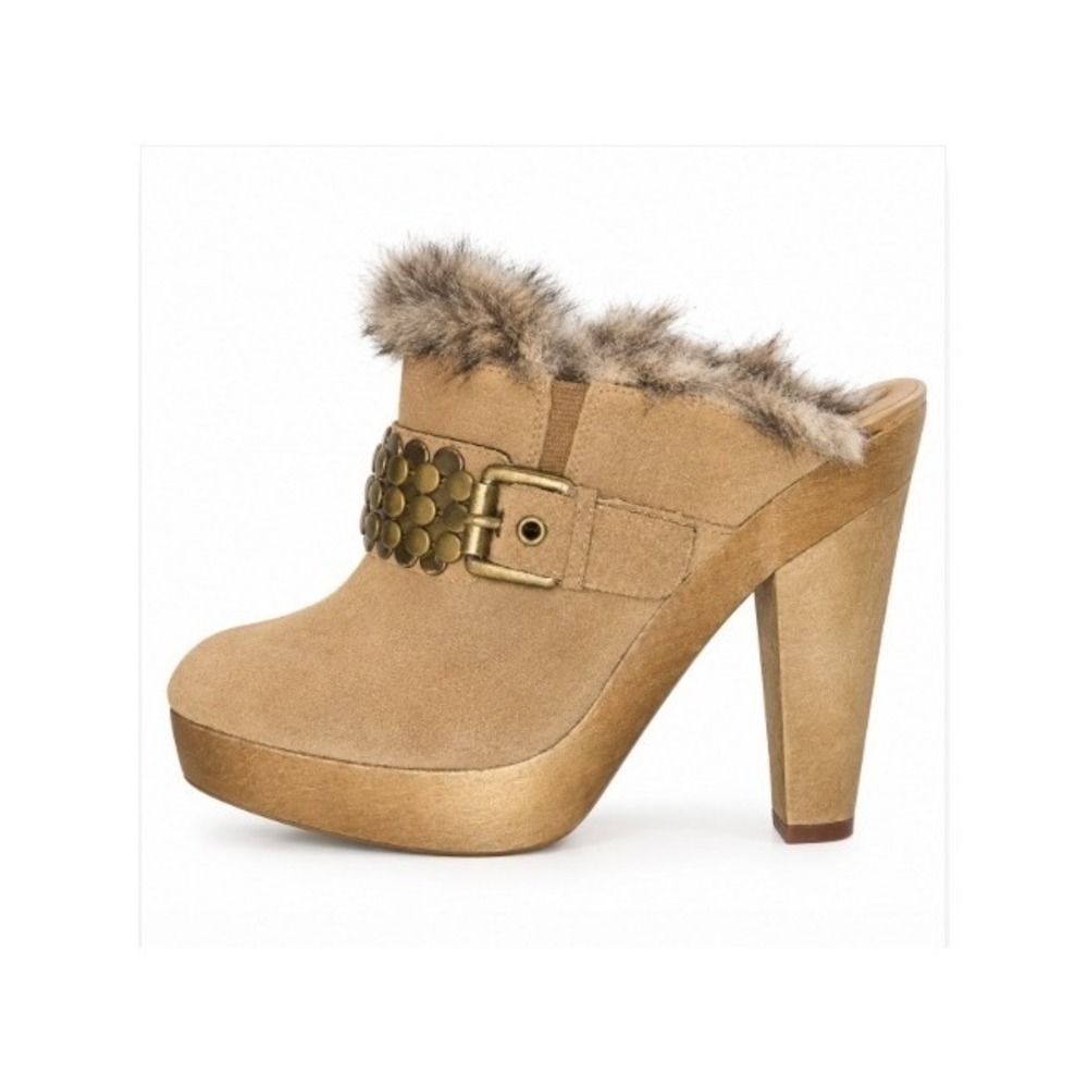 VTG Michael Kors Beige Tan Y2K Fur Lined Suede Platform Clogs Mules Heels - 7.5